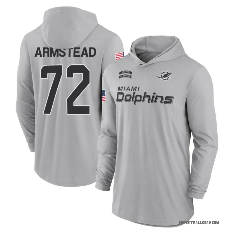 Terron Armstead Men's Gray Miami Dolphins 2024 Salute to Service Lightweight Performance Long Sleeve Hooded T-Shirt